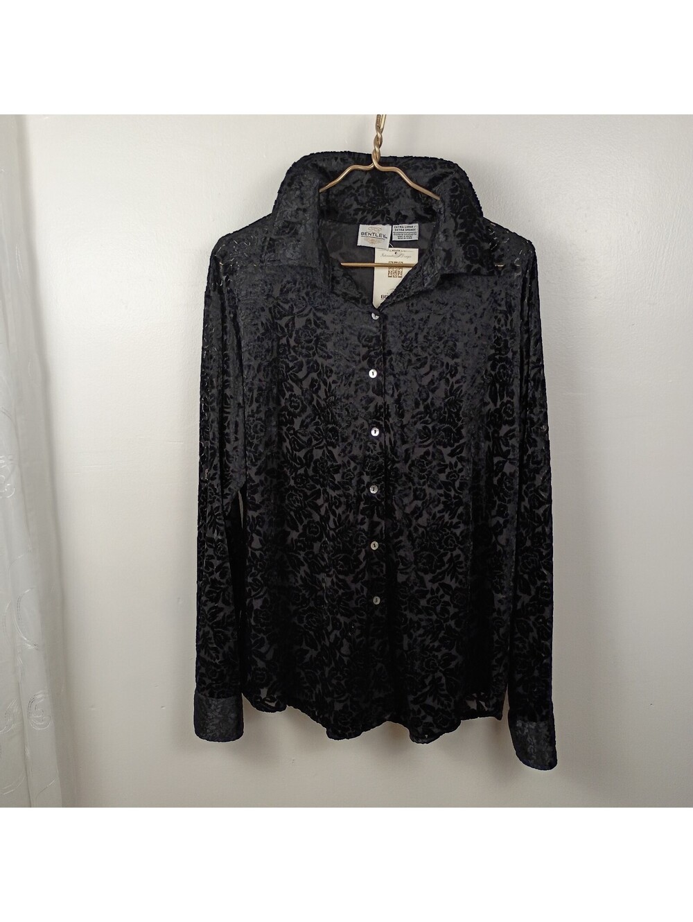 NWT Black Velvet Burnout Button Down Long Sleeve Top V-Neck Knit Blouse Size XL